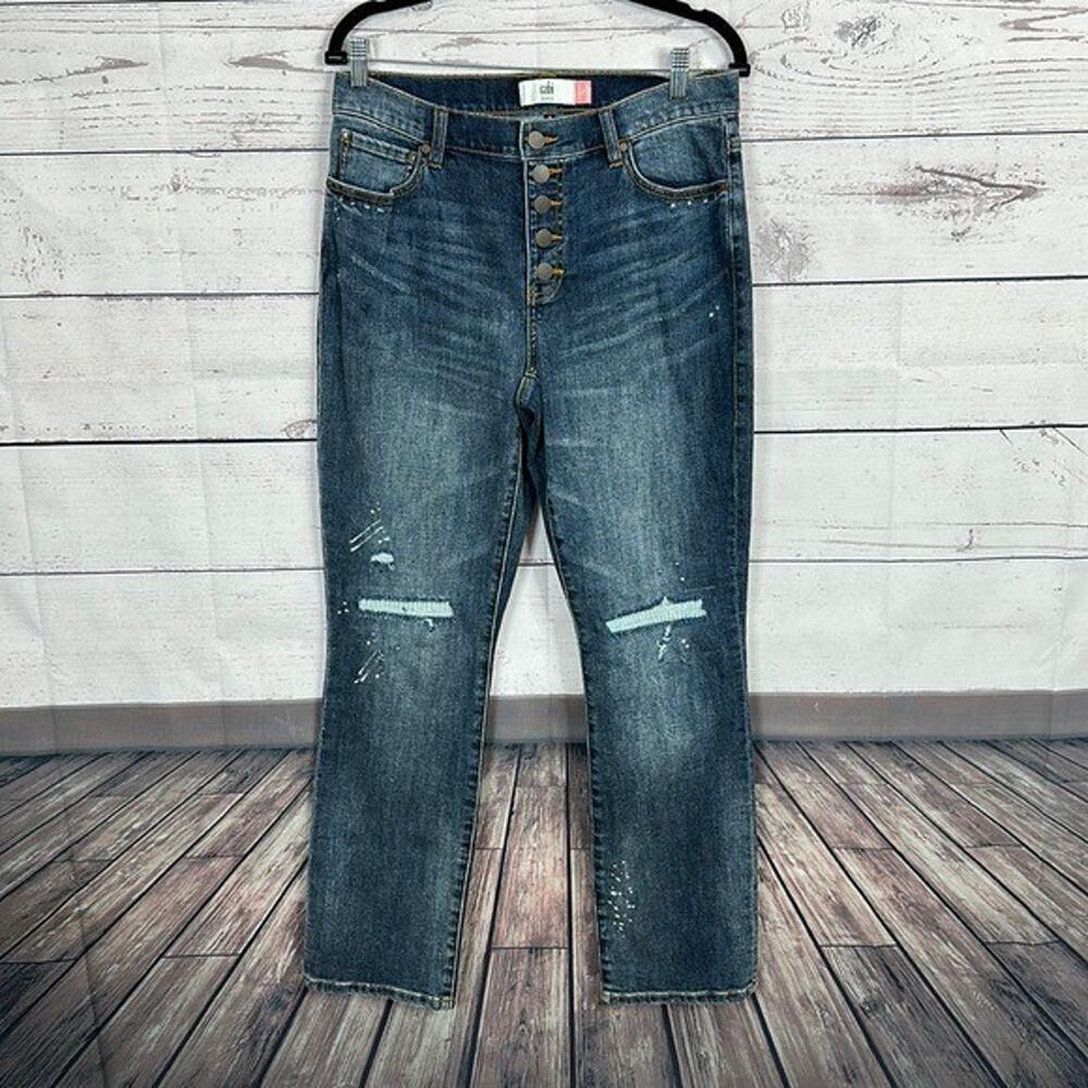 Cabi 6068 Jeans Womens 8 Blue Button Fly‎ Straight Midrise distressed Modern